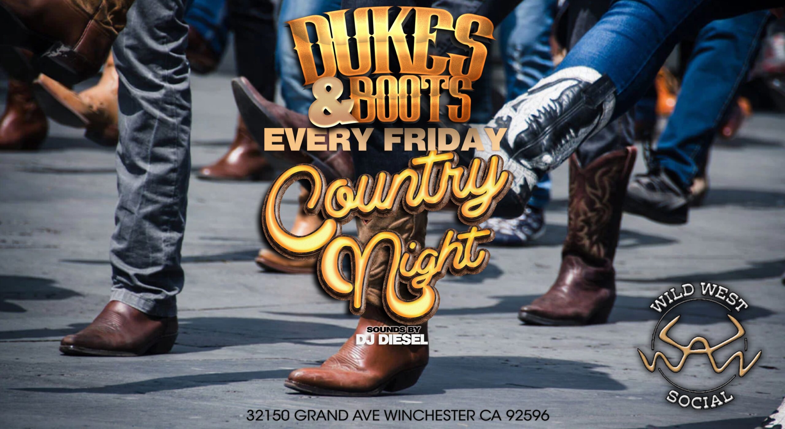 image of people wearing cowboy boots and text reading "dukes and boots every Friday Country Night, Sounds by DJ Diesel 