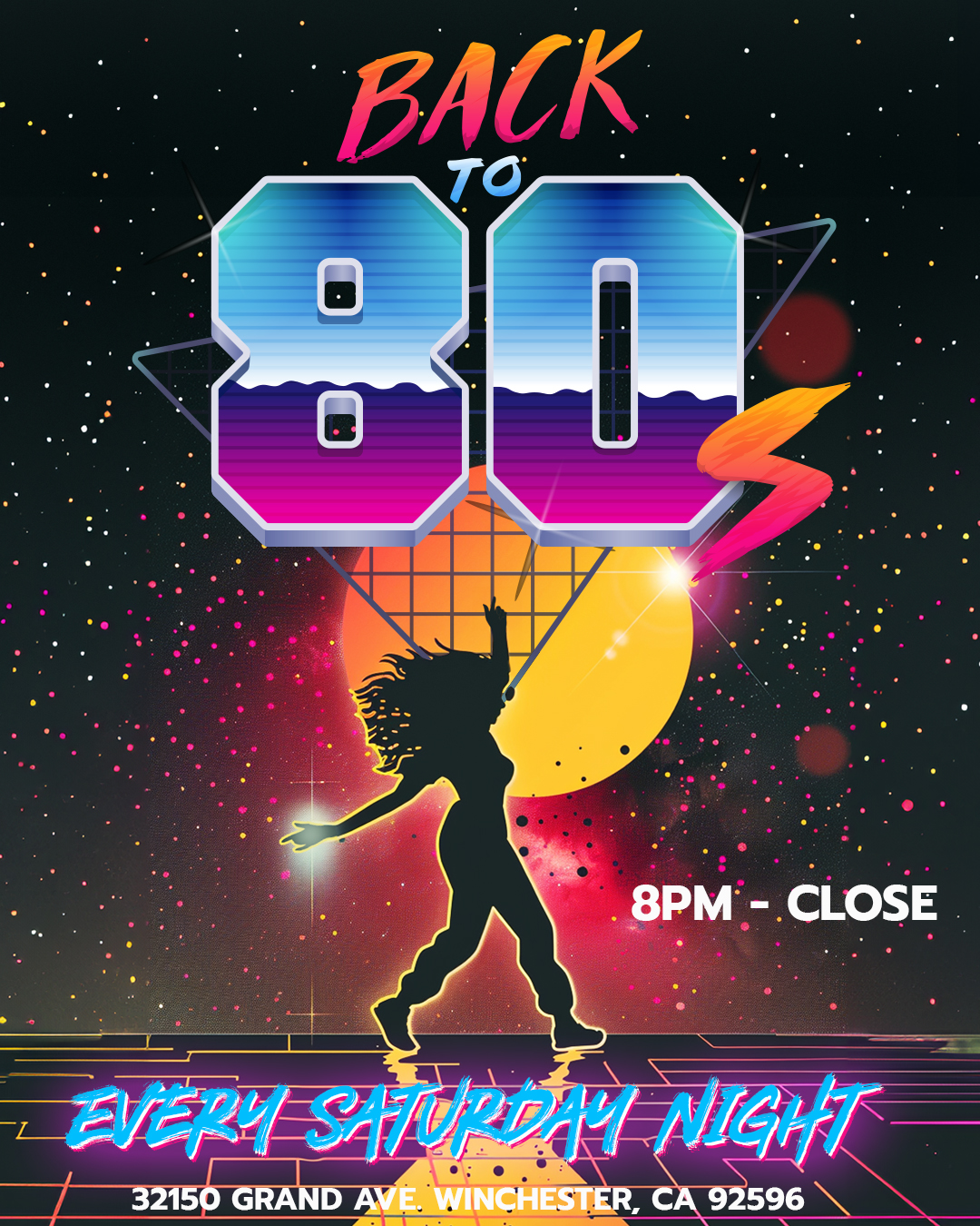 80s night flyer, happening every saturday night at wild west social from 8pm 