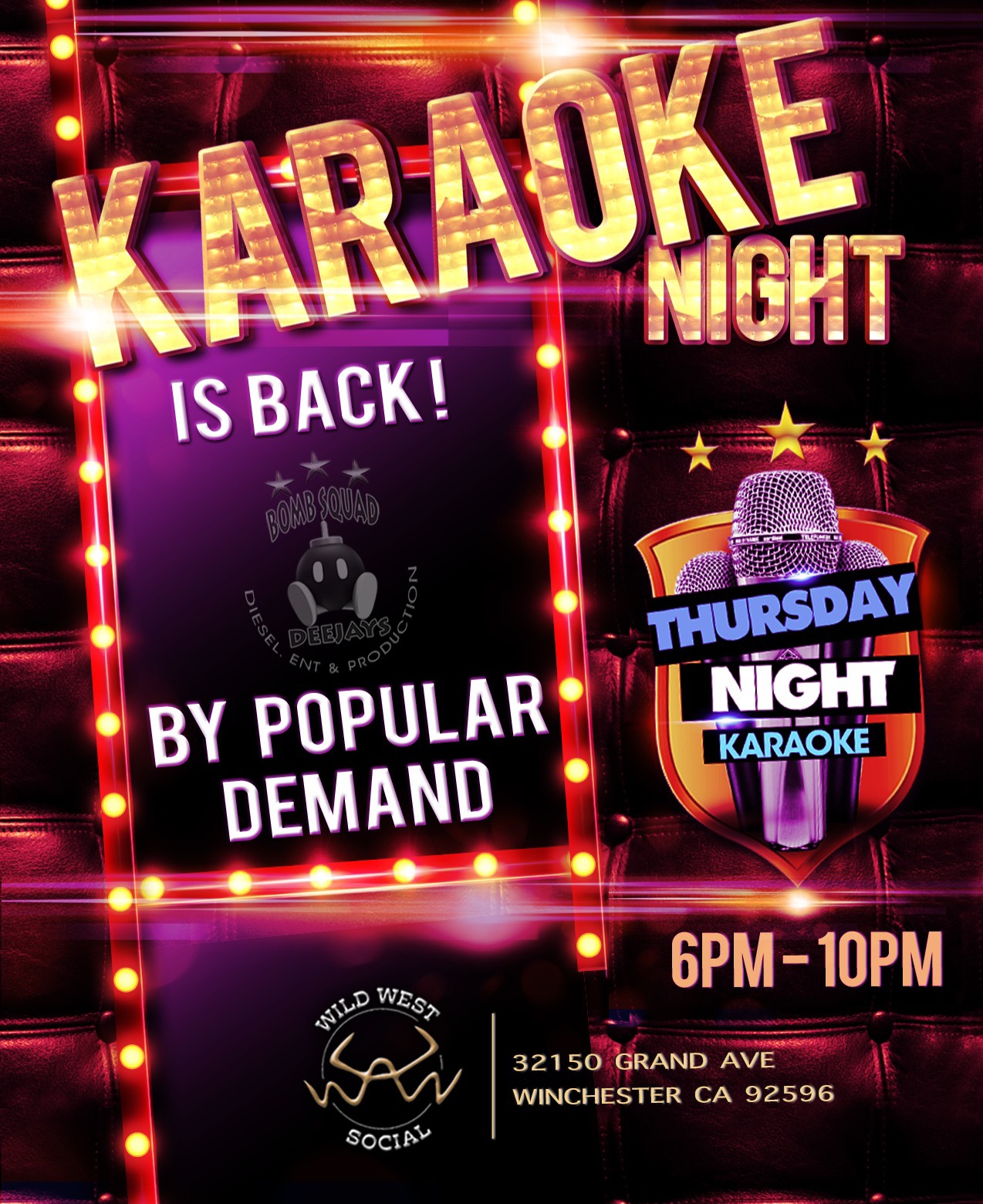 Karaoke Night flyer for Wild West Thursday, every thursday from 6 to 10 pm