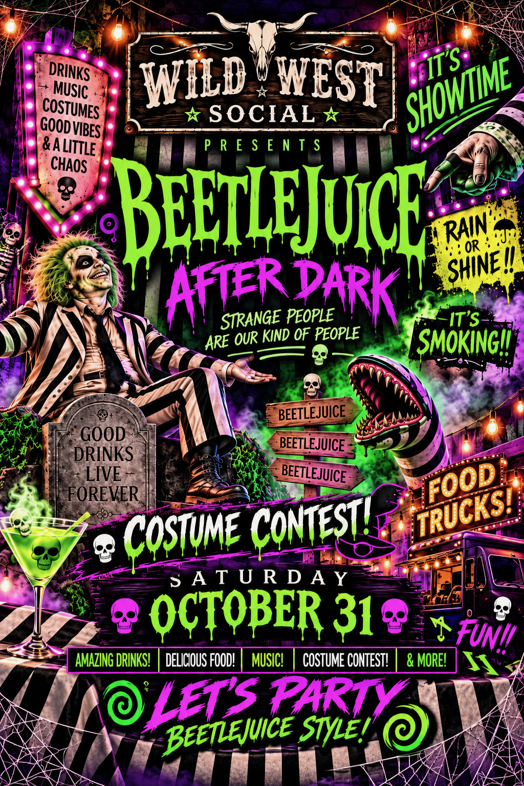 Beetlejuice After Dark Halloween party poster for Wild West Social, featuring a costume contest, drinks, music, food trucks, and Beetlejuice-inspired artwork on Saturday, October 31.